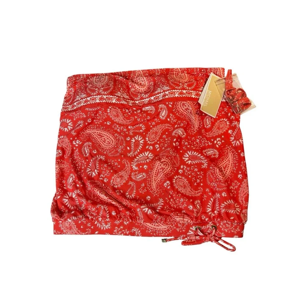 Michael Kors Tankini TOP Bandeau Style Removable Strap Red Paisley Sz SMALL NWT